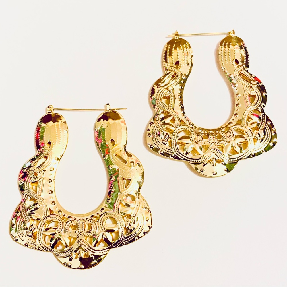Goldtone Filigree Hoop Earrings with Scalloped Design